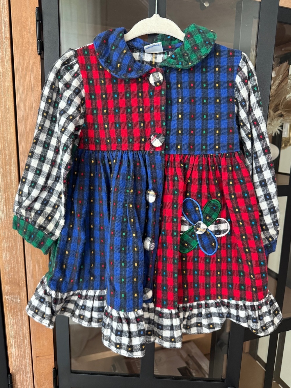 Vintage 90s gingham plaid patchwork applique flower long sleeve dress collar